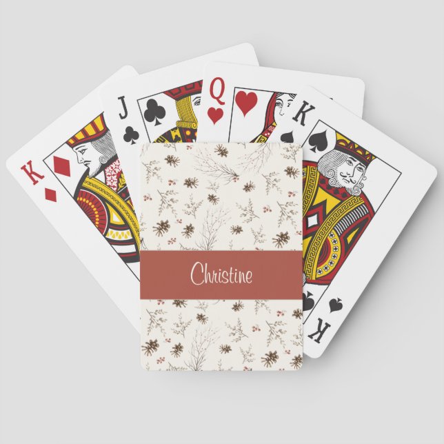 Red Boho Watercolor Woodland Monogram Name Poker Cards (Back)