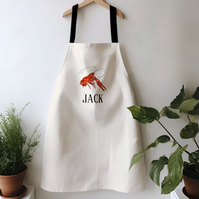 Red Boiled Crawfish Personalized Name  Apron (Red crawfish boil on cream personalized name apron.)