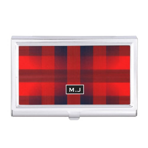 Red Bokeh Buffalo Plaid Monogram Business Card Cas Business Card Case