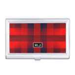 Red Bokeh Buffalo Plaid Monogram Business Card Case