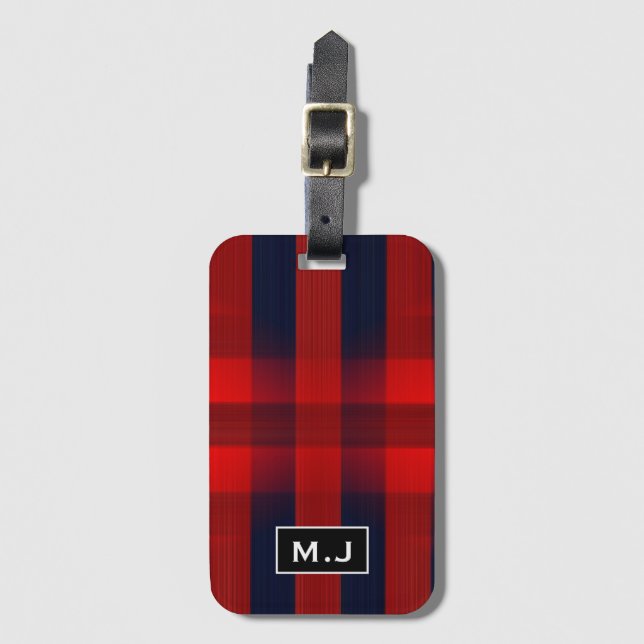 Red Bokeh Buffalo Plaid Monogram Luggage Tag (Front Vertical)