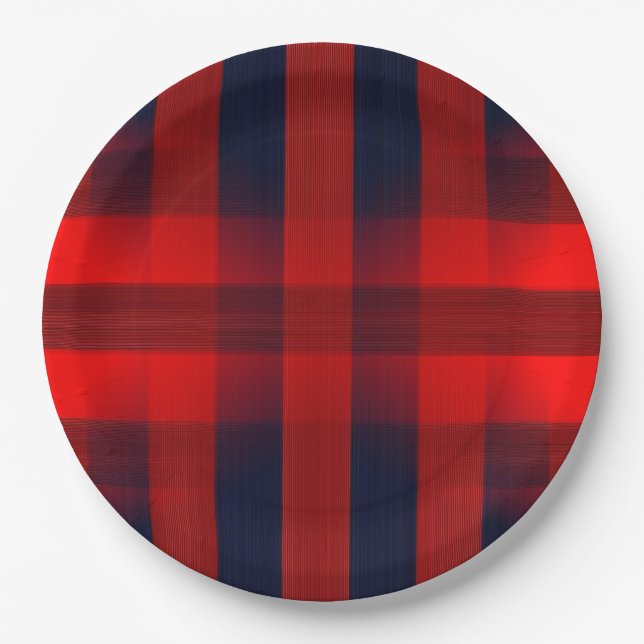 Red Bokeh Buffalo Plaid Paper Plates (Front)