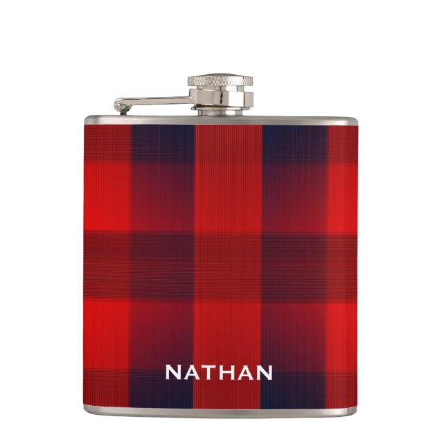 Red Bokeh Buffalo Plaid Personalised Flask (Front)