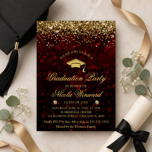 Red Bokeh & Gold Glitter Graduation Party Invitation