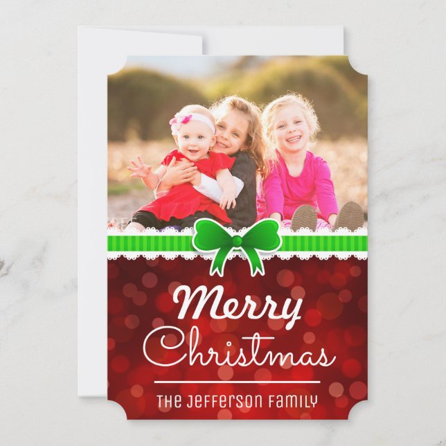 Red Bokeh Green Ribbon Christmas Custom Photo Card (Front)
