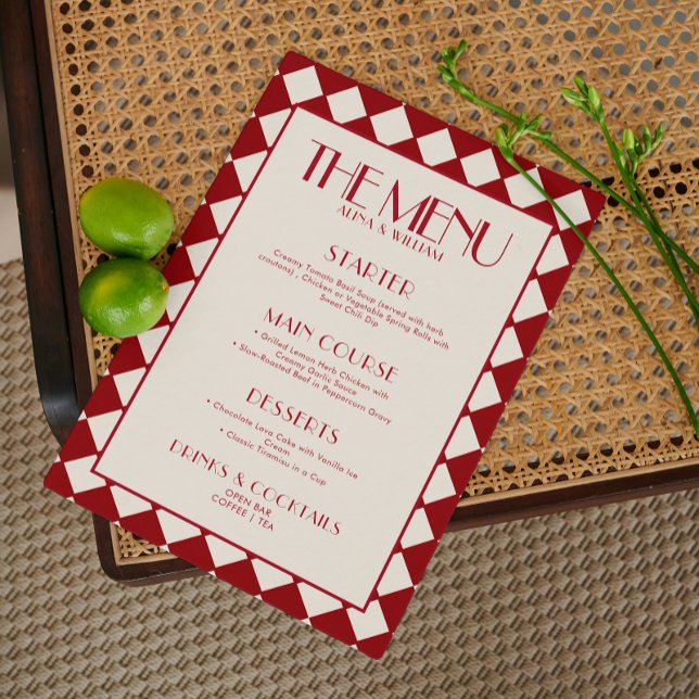 Red Bold Funky Retro Checkerboard Wedding Menu  (Creator Uploaded)