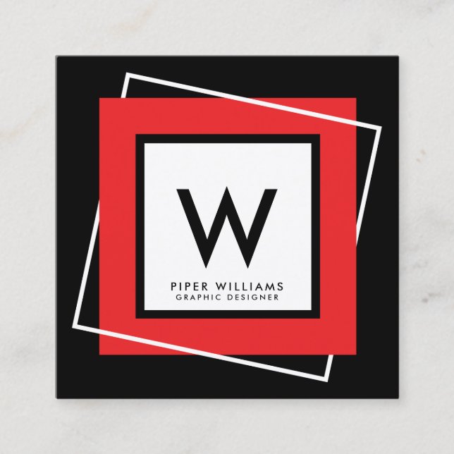 Red Bold Geometric Square Frame Monogram Square Square Business Card (Front)