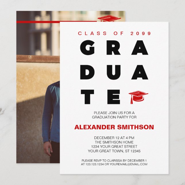 Red Bold GRADUATE Letters and Cap Graduation Invitation (Front/Back)