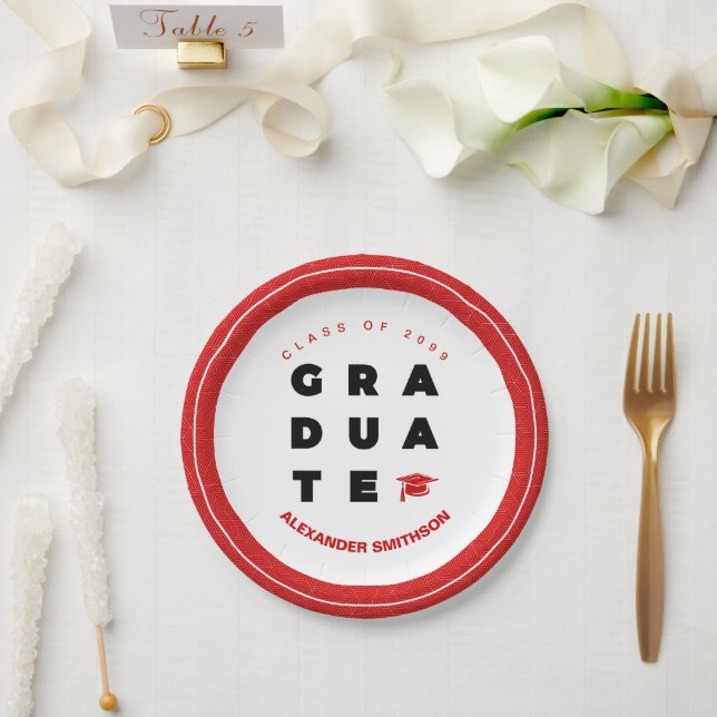 Red Bold GRADUATE Letters and Cap Graduation Paper Plates (Wedding)
