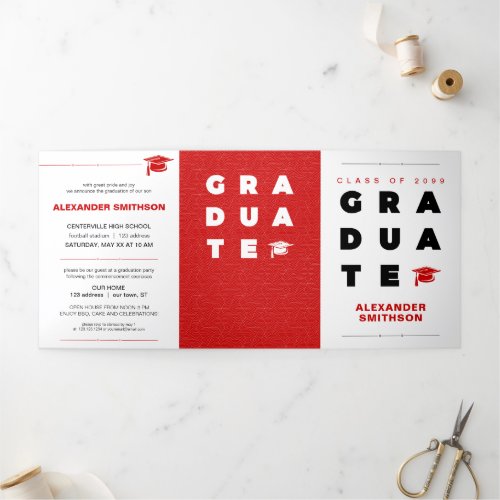 Red Bold GRADUATE Letters and Cap Graduation Tri_Fold Announcement