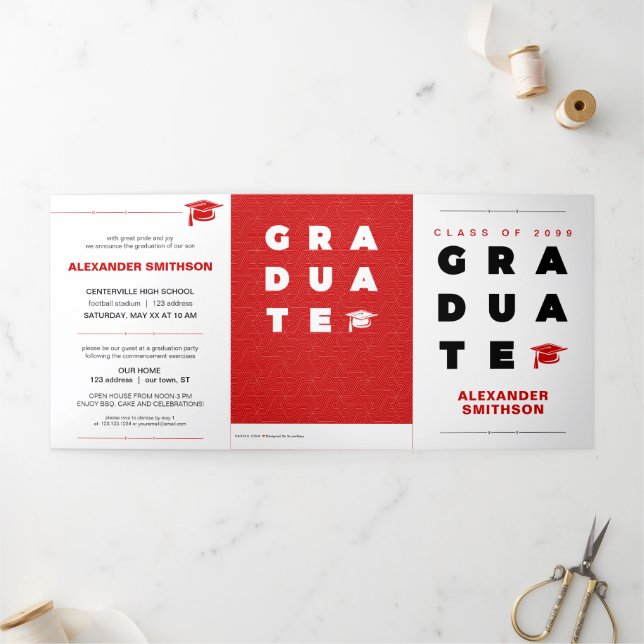 Red Bold GRADUATE Letters and Cap Graduation Tri-Fold Announcement (Outside)