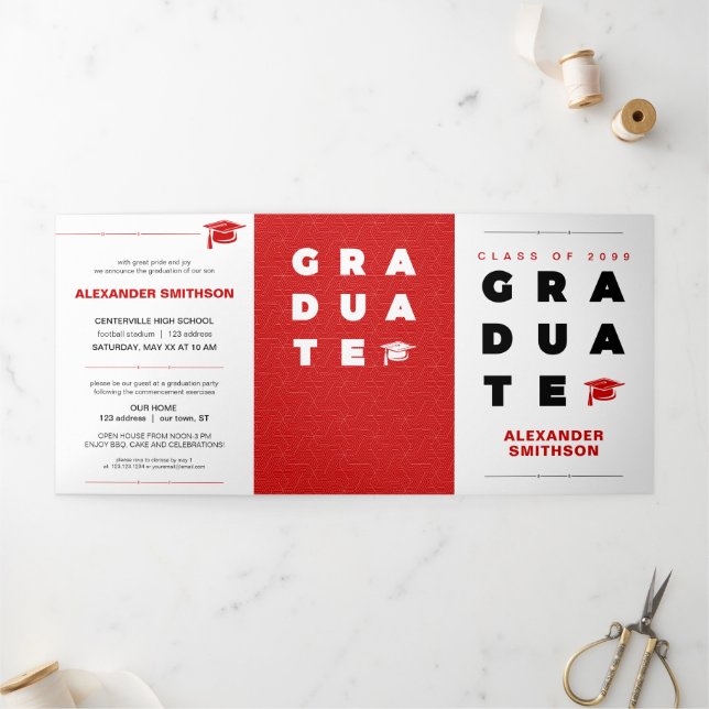 Red Bold GRADUATE Letters and Cap Graduation Tri-Fold Announcement (Outside)