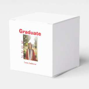 Red bold photo graduation add name class text favor boxes