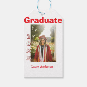 Red bold photo graduation add name class text gift tags