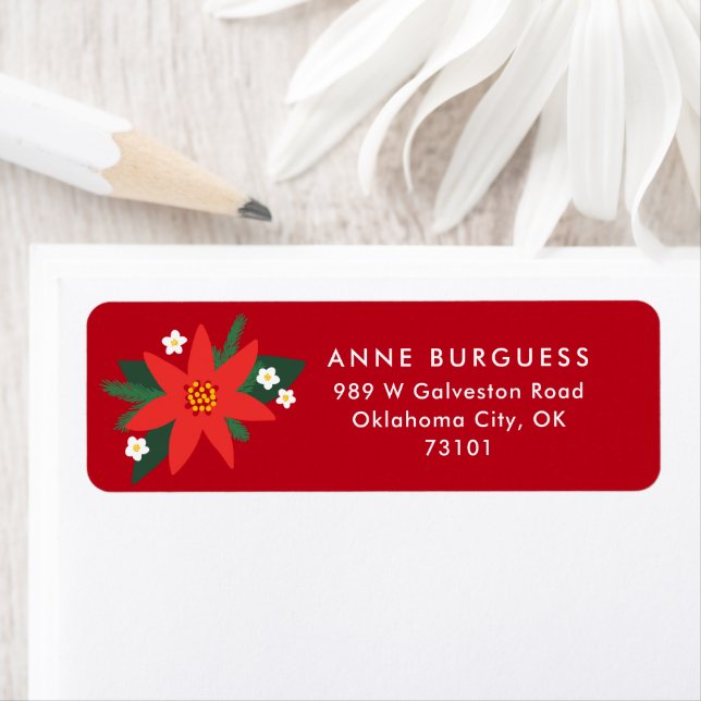 Red Bold Poinsettia Christmas Holiday Mail Label (Insitu)