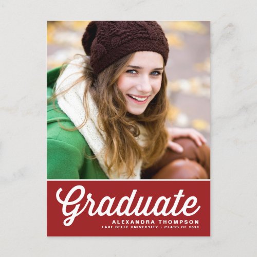 Red Bold Retro Script 2022 Photo Graduation Postcard - Invite family and friends with this customizable class of 2022 graduation invitation postcard. It features a white retro script typography on a red background. Personalize this red graduation party postcard by adding your photo, name and school name. This photo graduation invitation postcard is perfect for high school or college graduations. 