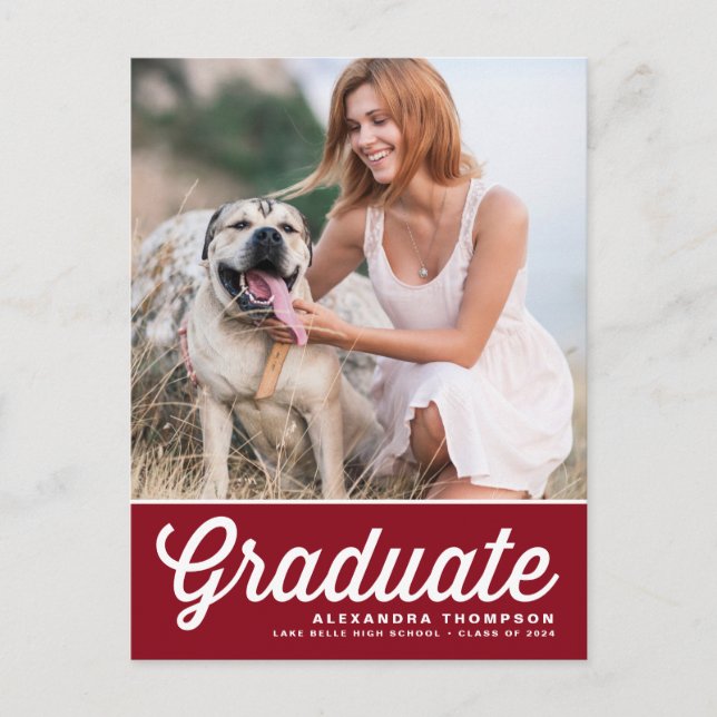 Red Bold Retro Script Photo Graduation Postcard (Front)