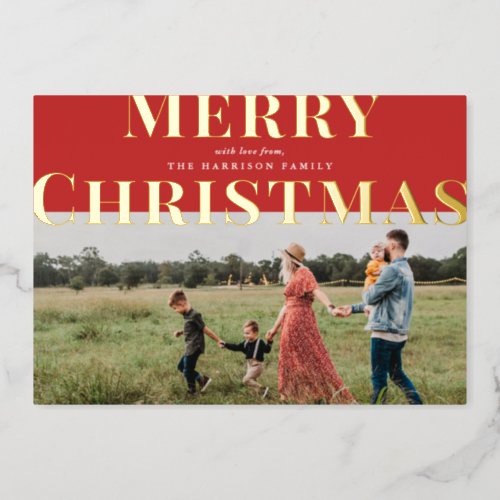 Red Bold Typography Merry Christmas Photo Foil Holiday Card