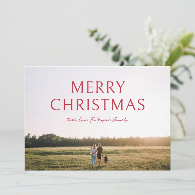 Red Bold Typography Photo Elegant Christmas Holiday Card (Standing Front)