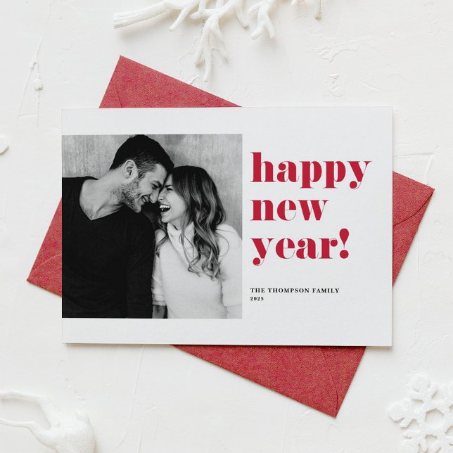 Red Bold Typography Photo Happy New Year Holiday Card (Creator Uploaded)