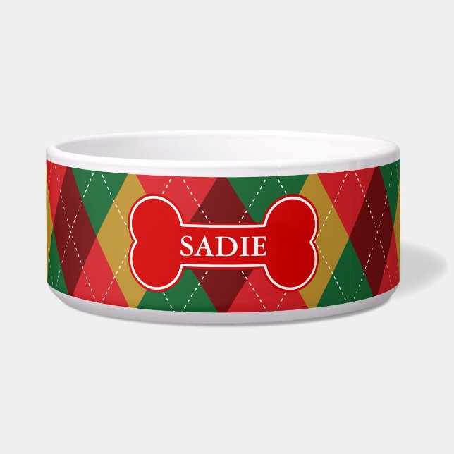 Red Bone On Festive Argyle Pattern & Pet's Name Bowl (Front)