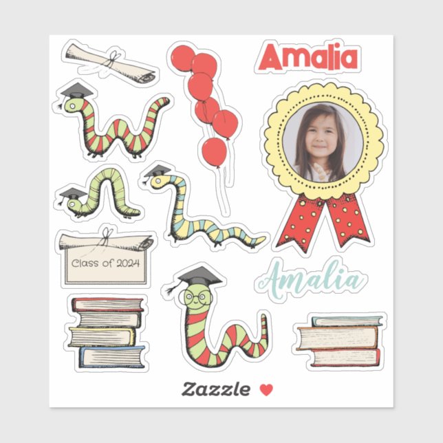Red Bookworm Preschool Graduation Party Name Sticker (Sheet)