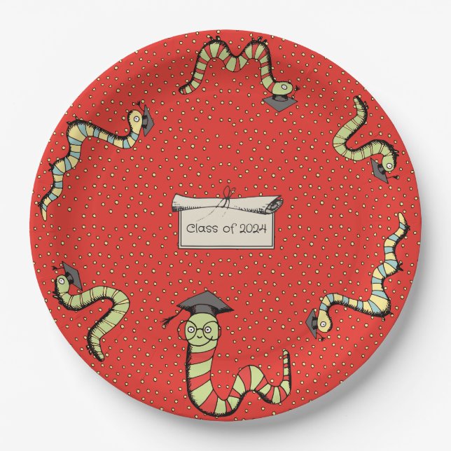 Red Bookworm Preschool Graduation Party Paper Plates (Front)