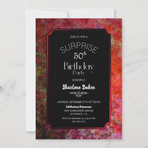 Red Border Black Surprise 50th Birthday Party Invitation