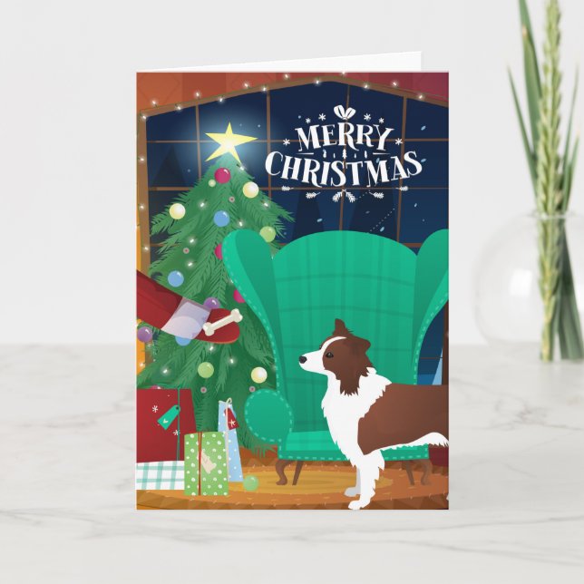 Red Border Collie Christmas and Santa's Gift Holiday Card (Front)