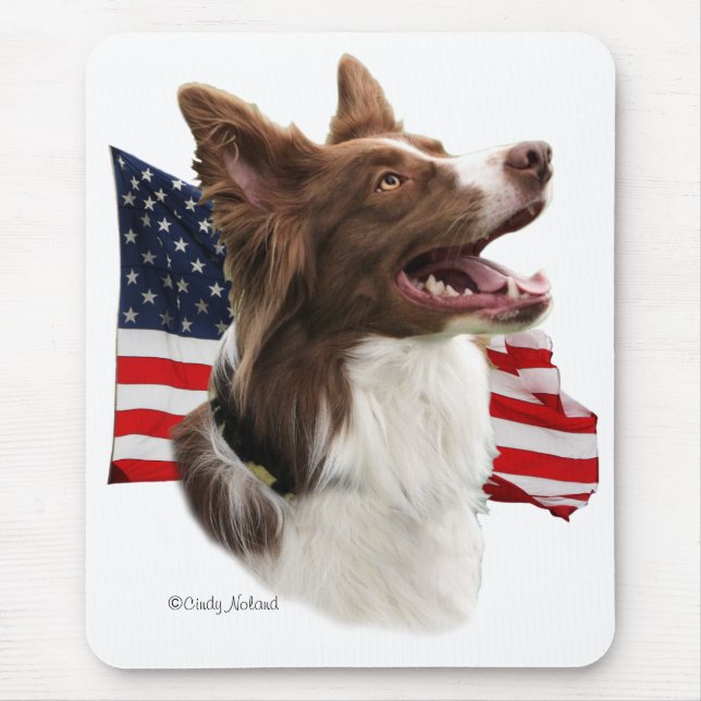 Red Border Collie head with flag mousepad (Front)