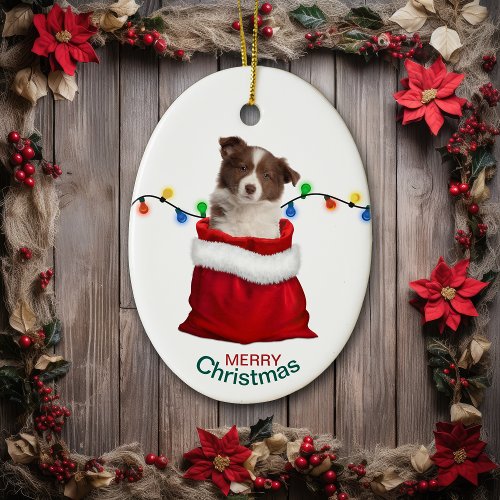 Red Border Collie Puppy in Holiday Gift Bag Ceramic Ornament