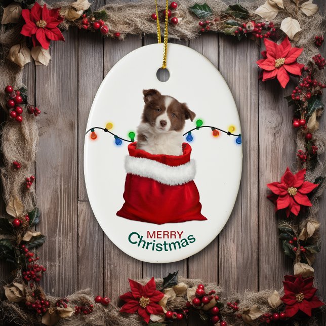 Red Border Collie Puppy in Holiday Gift Bag Ceramic Ornament (Creator Uploaded)