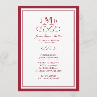 Red border frame classy monogram graduation invitation