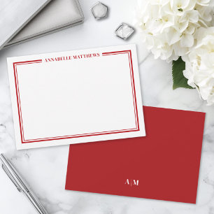 Red Border Minimalist Name Monogram Note Card