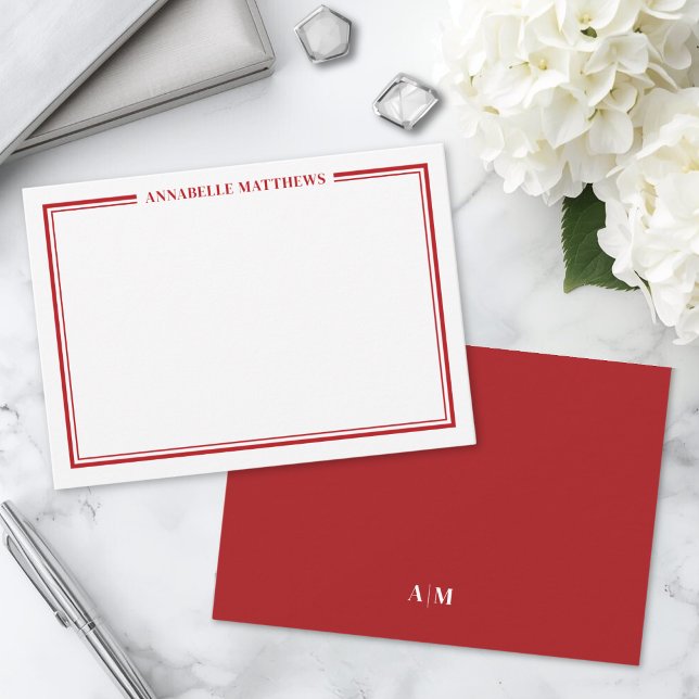 Red Border Minimalist Name Monogram Note Card (Red Border Minimalist Name Monogram Note Card)