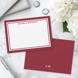 Red Border Minimalist Name Monogram Note Card