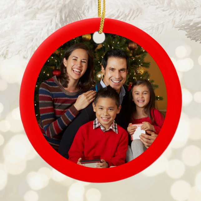 Red Border Photo Ceramic Ornament (Red Framed Round Ornament)