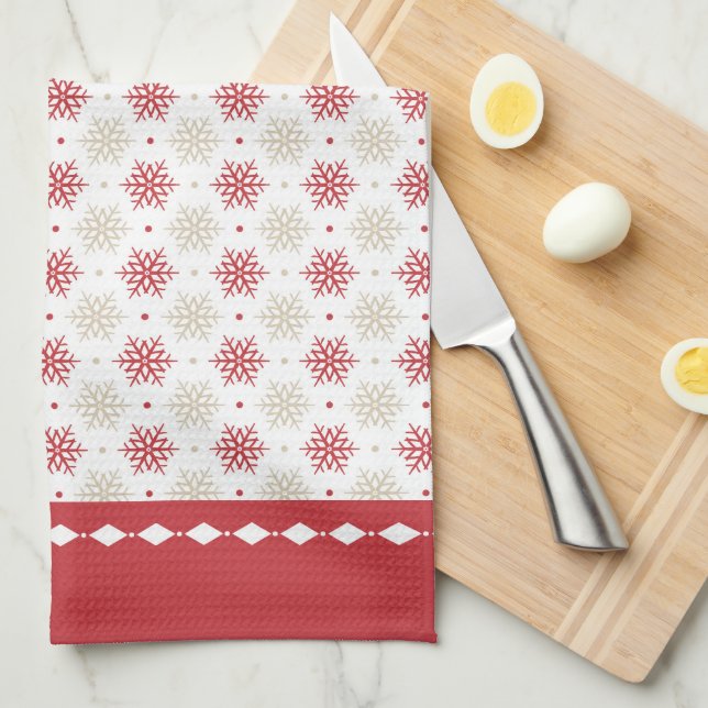 Red Border Snowflake Pattern Holiday Kitchen Towel (Quarter Fold)