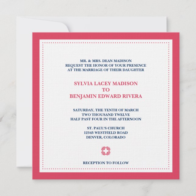 Red border square traditional wedding invitation (Front)