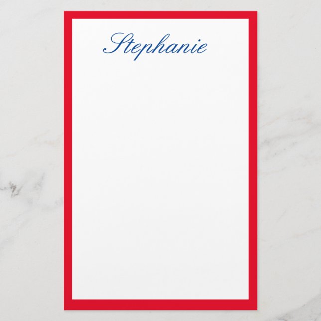Red Bordered Edges Monograms Template Blue White Stationery (Front)