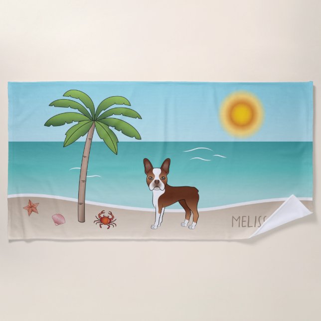Red Boston Terrier At A Tropical Summer Beach -  Beach Towel (Front)