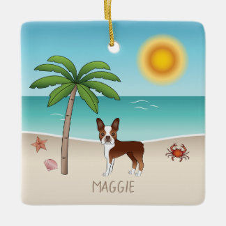 Red Boston Terrier At A Tropical Summer Beach Ceramic Ornament