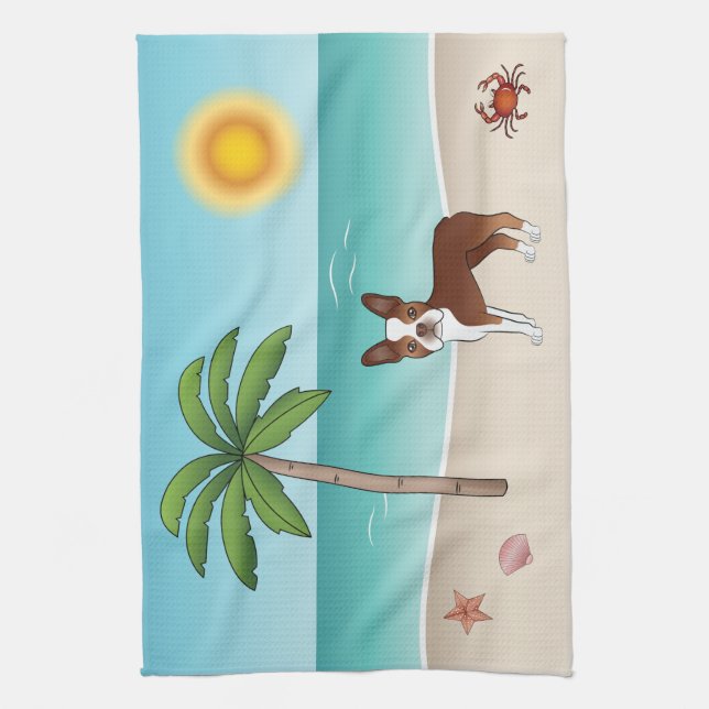 Red Boston Terrier At A Tropical Summer Beach Kitchen Towel (Vertical)