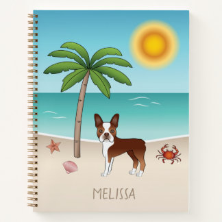 Red Boston Terrier At A Tropical Summer Beach Notebook