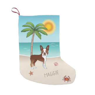 Red Boston Terrier At A Tropical Summer Beach Small Christmas Stocking