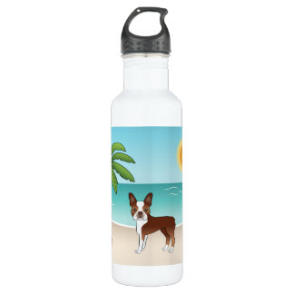 Red Boston Terrier At A Tropical Summer Beach Stainless Steel Water Bottle