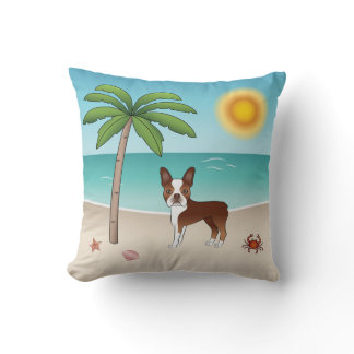 Red Boston Terrier At A Tropical Summer Beach Throw Pillow