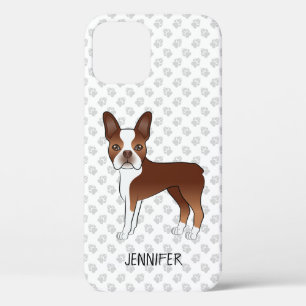 Red Boston Terrier Cartoon Dog & Custom Name iPhone 12 Case