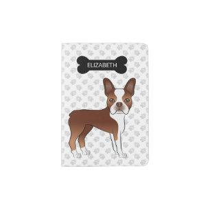 Red Boston Terrier Cartoon Dog & Custom Name Passport Holder