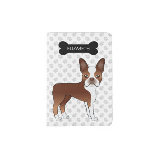 Red Boston Terrier Cartoon Dog &amp; Custom Name Passport Holder